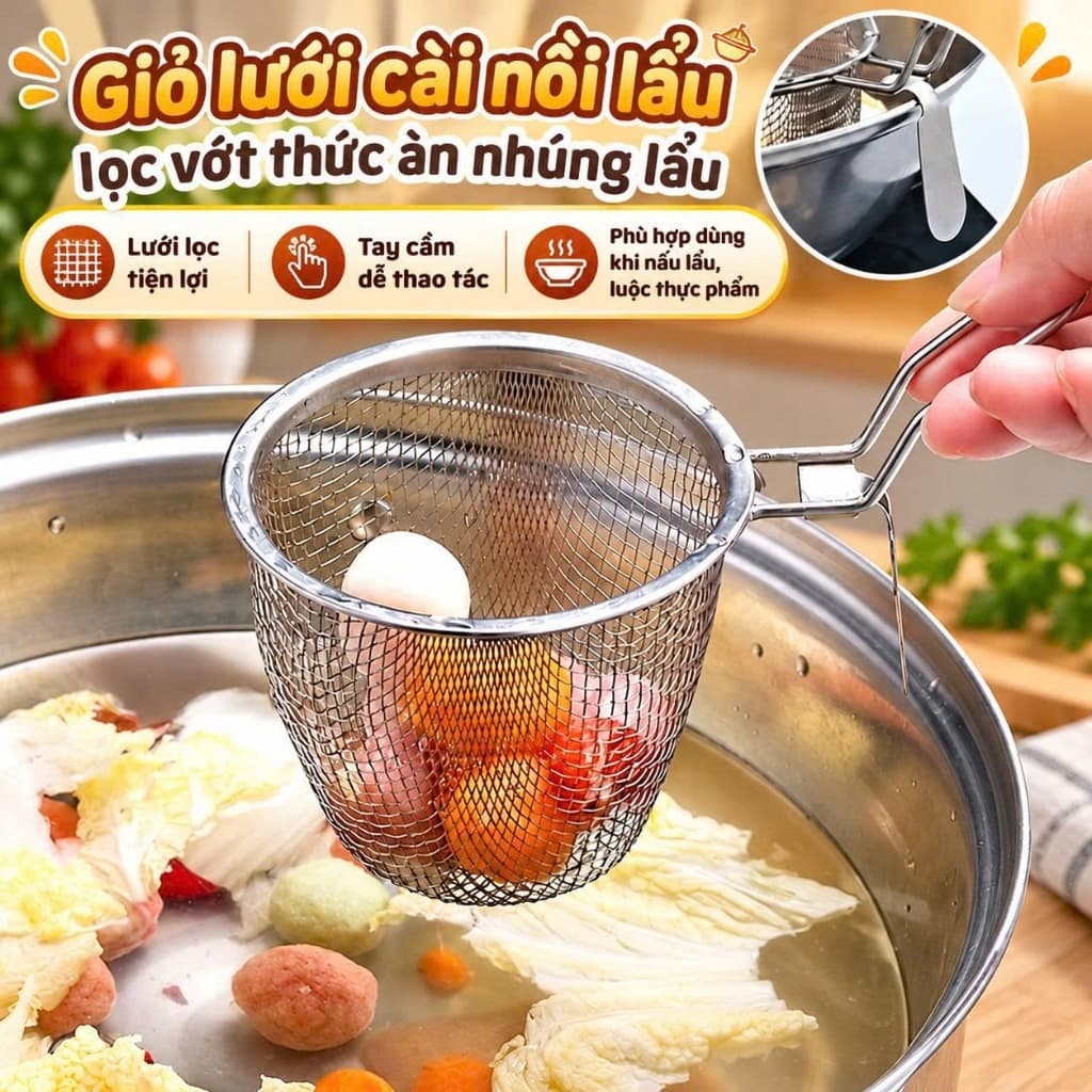 Giỏ lưới cài nồi lẩu lọc vớt thức ăn nhúng lẩu bằng inox an toàn tiện lợi 11x9.5cm