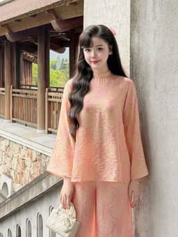 Set đồ lam, Set lam áo cổ tàu chất Gấm tay dài phối quần suông dáng dài thanh lịch đi chùa_QC 2