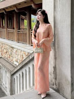Set đồ lam, Set lam áo cổ tàu chất Gấm tay dài phối quần suông dáng dài thanh lịch đi chùa_QC 3