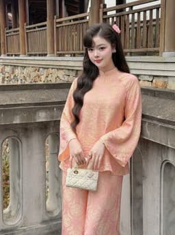 Set đồ lam, Set lam áo cổ tàu chất Gấm tay dài phối quần suông dáng dài thanh lịch đi chùa_QC 4