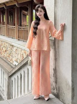 Set đồ lam, Set lam áo cổ tàu chất Gấm tay dài phối quần suông dáng dài thanh lịch đi chùa_QC 5