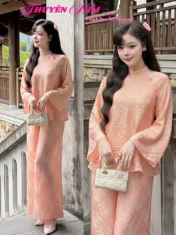 Set đồ lam, Set lam áo cổ tàu chất Gấm tay dài phối quần suông dáng dài thanh lịch đi chùa_QC 1