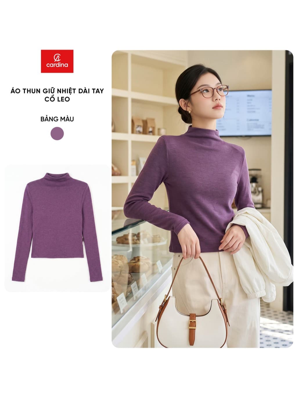 Áo thun nữ CARDINA chất liệu thun mềm co giãn dài tay cổ leo 6AHF01