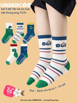 Set 5 Đôi Tất Trẻ Em - Bé Trai UNDERCOOL Cổ Lửng Cotton Họa Tiết Khủng Long Cho Bé Trai Gái 1-12 Tuổi TC111 11