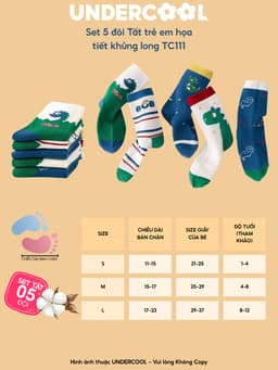 Set 5 Đôi Tất Trẻ Em - Bé Trai UNDERCOOL Cổ Lửng Cotton Họa Tiết Khủng Long Cho Bé Trai Gái 1-12 Tuổi TC111 14