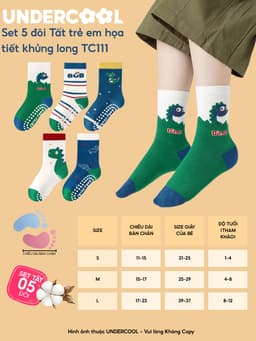 Set 5 Đôi Tất Trẻ Em - Bé Trai UNDERCOOL Cổ Lửng Cotton Họa Tiết Khủng Long Cho Bé Trai Gái 1-12 Tuổi TC111 12