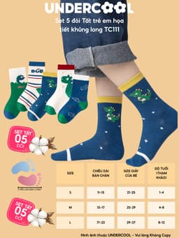 Set 5 Đôi Tất Trẻ Em - Bé Trai UNDERCOOL Cổ Lửng Cotton Họa Tiết Khủng Long Cho Bé Trai Gái 1-12 Tuổi TC111 18