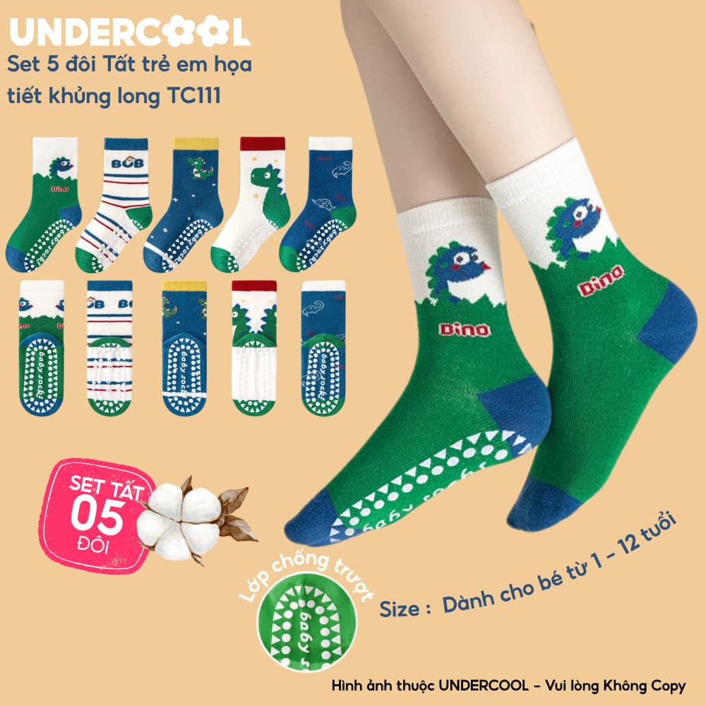 Set 5 Đôi Tất Trẻ Em - Bé Trai UNDERCOOL Cổ Lửng Cotton Họa Tiết Khủng Long Cho Bé Trai Gái 1-12 Tuổi TC111