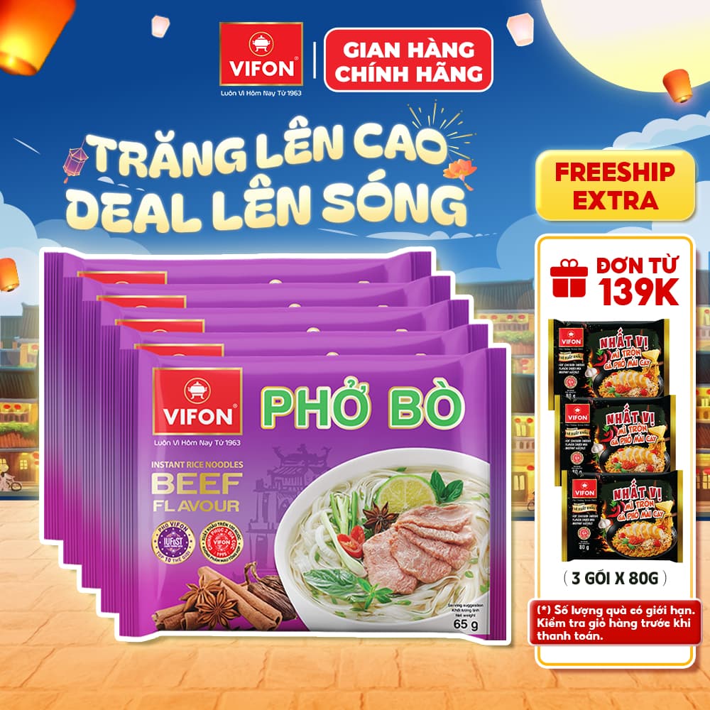 [VOUCHER HOT 10%] Set 5 Gói Phở Vị Bò/Gà/Chay Rau Nấm VIFON - Sợi Dai Mềm, Đậm Đà, 65g/Gói