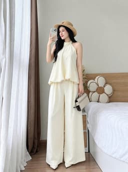 Set công sở, Set TK áo cổ yếm chất Đũi dáng bí thanh lịch phối quần suông dài mặc đi dạo, đi làm 2