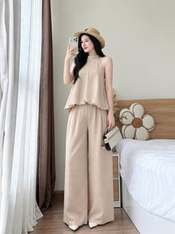 Set công sở, Set TK áo cổ yếm chất Đũi dáng bí thanh lịch phối quần suông dài mặc đi dạo, đi làm 4