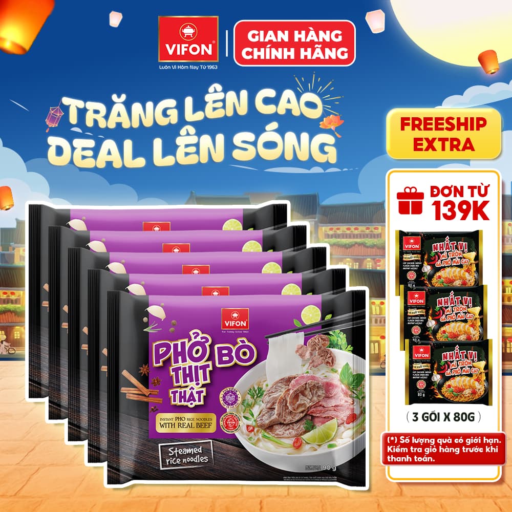[VOUCHER HOT10%] Set 5 Gói Phở Thịt Thật Bò/Gà VIFON - Sợi Dai Ngon, Đầy Đủ Dinh Dưỡng, 90g/Gói