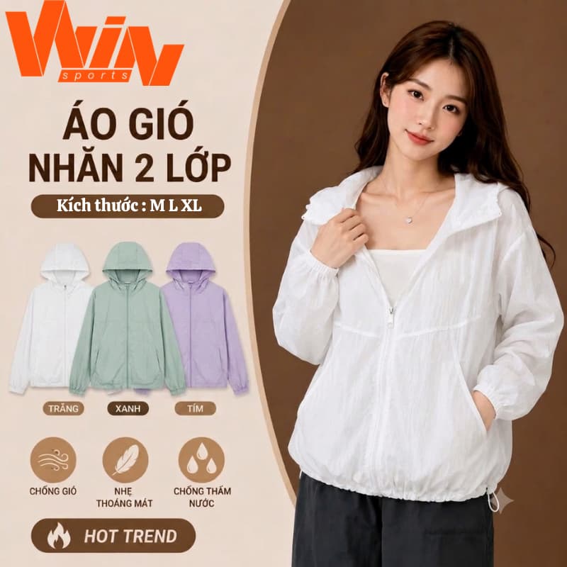 [Loại Đẹp] Áo Khoác Gió Nữ  2 Lớp Thể Thao Có Mũ, Chống Nước Kháng Nắng Tập Gym Chạy Bộ Dây Rút Gấu Size M L XL