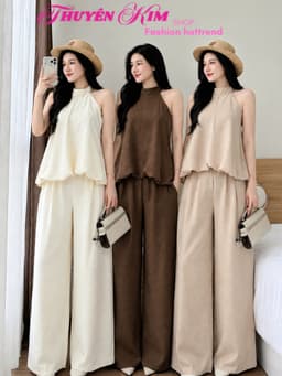 Set công sở, Set TK áo cổ yếm chất Đũi dáng bí thanh lịch phối quần suông dài mặc đi dạo, đi làm 1