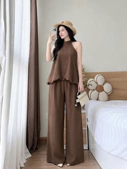 Set công sở, Set TK áo cổ yếm chất Đũi dáng bí thanh lịch phối quần suông dài mặc đi dạo, đi làm 3