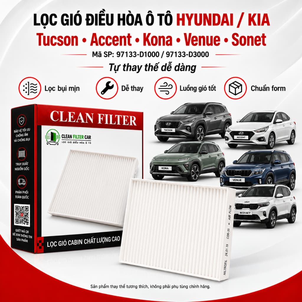 Lọc gió điều hòa Hyundai Tucson , Accent , Kona , Venue , Sonet Mã SP: 97133-D1000 / 97133-D3000
