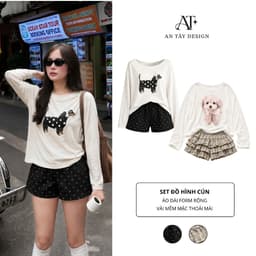 Set Đồ Mặc Nhà Nữ Hình Cún AN TÂY – Áo Dài Form Rộng, Mặc Thoải Mái #HQ4-5 - Họa Tiết Chấm Bi/Kẻ Caro 1