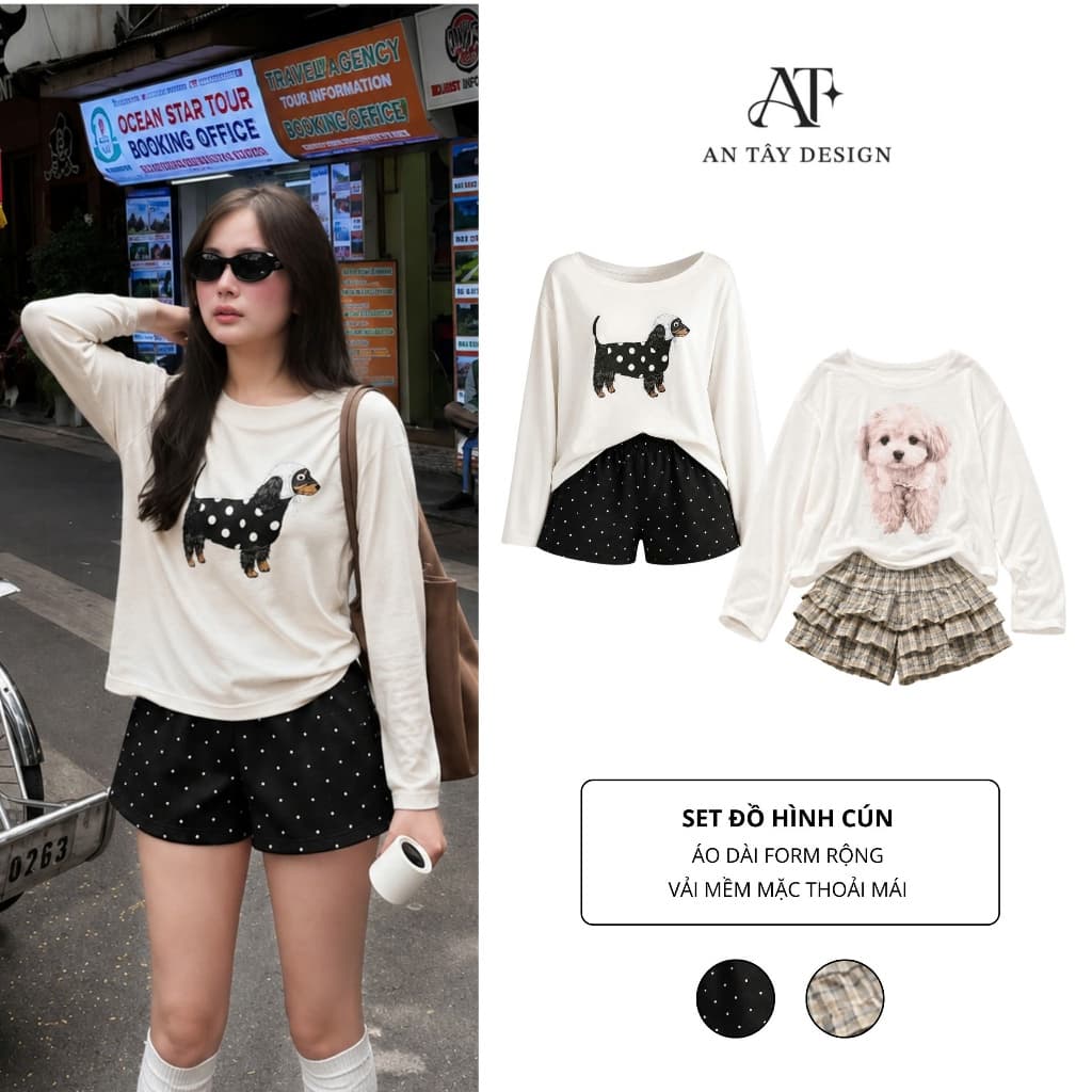 Set Đồ Mặc Nhà Nữ Hình Cún AN TÂY – Áo Dài Form Rộng, Mặc Thoải Mái #HQ4-5 - Họa Tiết Chấm Bi/Kẻ Caro