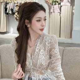 Áo Ren Hoa Nữ Cổ V Dài Tay | Dáng Peplum Chiết Eo Tôn Dáng, Phong Cách Tiểu Thư By Chamie Store 3