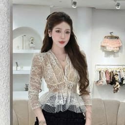 Áo Ren Hoa Nữ Cổ V Dài Tay | Dáng Peplum Chiết Eo Tôn Dáng, Phong Cách Tiểu Thư By Chamie Store 1