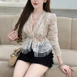 Áo Ren Hoa Nữ Cổ V Dài Tay | Dáng Peplum Chiết Eo Tôn Dáng, Phong Cách Tiểu Thư By Chamie Store 2
