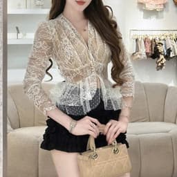 Áo Ren Hoa Nữ Cổ V Dài Tay | Dáng Peplum Chiết Eo Tôn Dáng, Phong Cách Tiểu Thư By Chamie Store 4