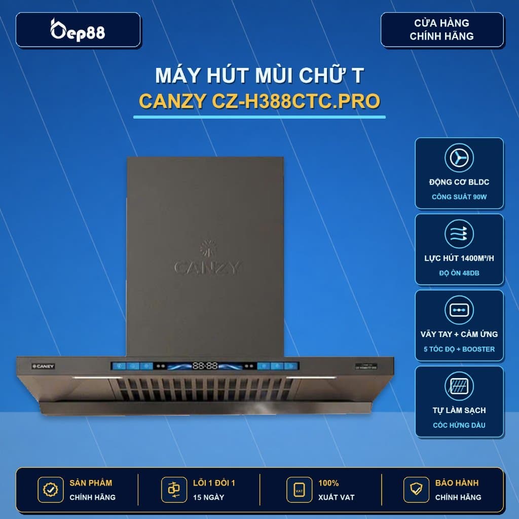 Máy hút mùi Canzy CZ-H388CTC.PRO Model 2026, Tự động làm sạch, CZ H388CTC PRO Lực hút 1400 m3/h.