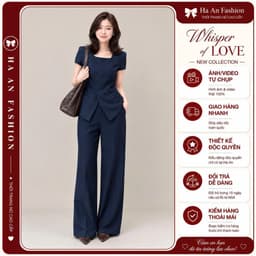 [260710] Set Nữ Công Sở Áo Cổ Vuông Tay Ngắn Quần Suông Ống Rộng Chất Chéo Ý Thanh Lịch Tôn Dáng 1