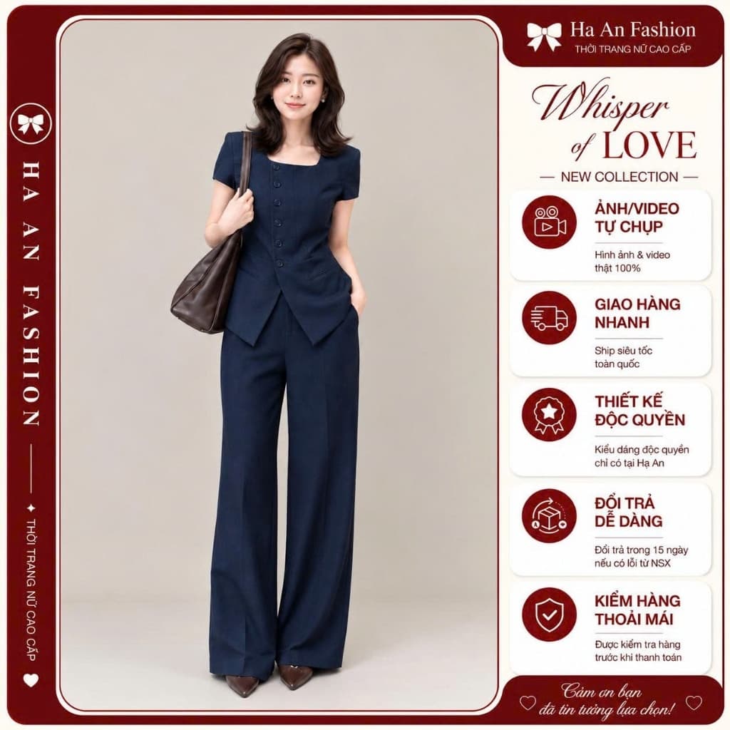 [260710] Set Nữ Công Sở Áo Cổ Vuông Tay Ngắn Quần Suông Ống Rộng Chất Chéo Ý Thanh Lịch Tôn Dáng