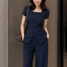 [260710] Set Nữ Công Sở Áo Cổ Vuông Tay Ngắn Quần Suông Ống Rộng Chất Chéo Ý Thanh Lịch Tôn Dáng 3