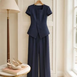 [260710] Set Nữ Công Sở Áo Cổ Vuông Tay Ngắn Quần Suông Ống Rộng Chất Chéo Ý Thanh Lịch Tôn Dáng 4