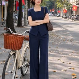 [260710] Set Nữ Công Sở Áo Cổ Vuông Tay Ngắn Quần Suông Ống Rộng Chất Chéo Ý Thanh Lịch Tôn Dáng 6