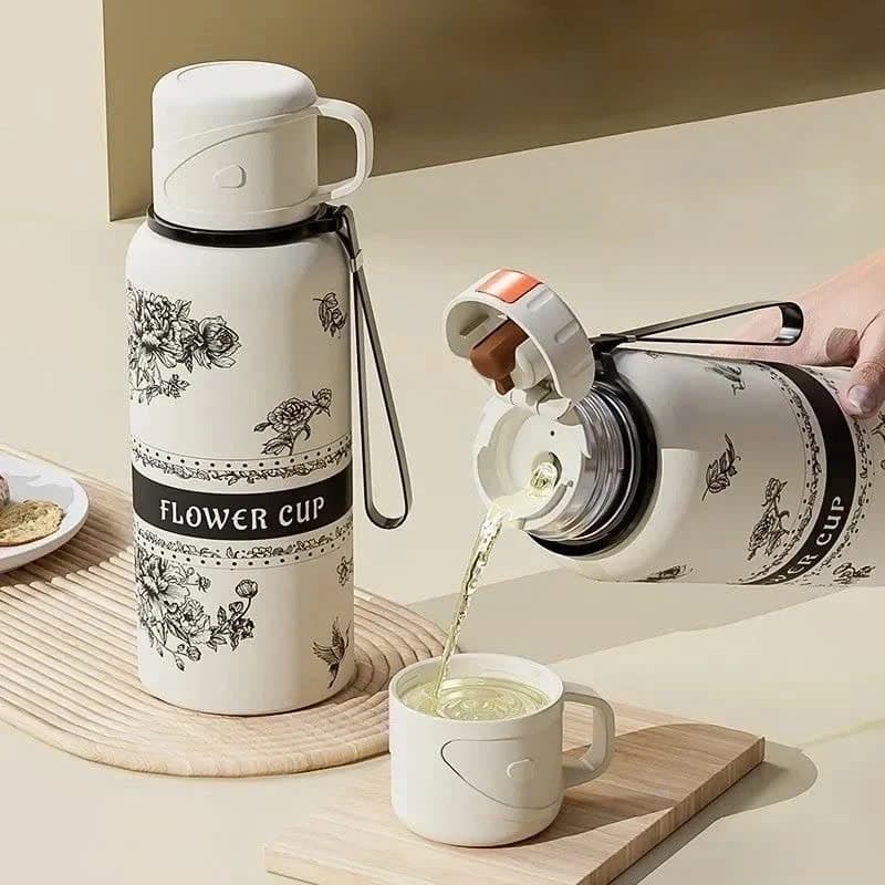 Bình giữ nhiệt inox 316 hoạ tiết hoa trà 800ml/ 600ml và Set Bình Giữ Nhiệt + 2 Ly Cách Nhiệt Vacuum Flask 500ml