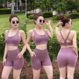 Bộ tập gym yoga thể thao nữ, set bộ áo bra mút đúc quần đùi lưng cao thun poly co giãn BT805 5