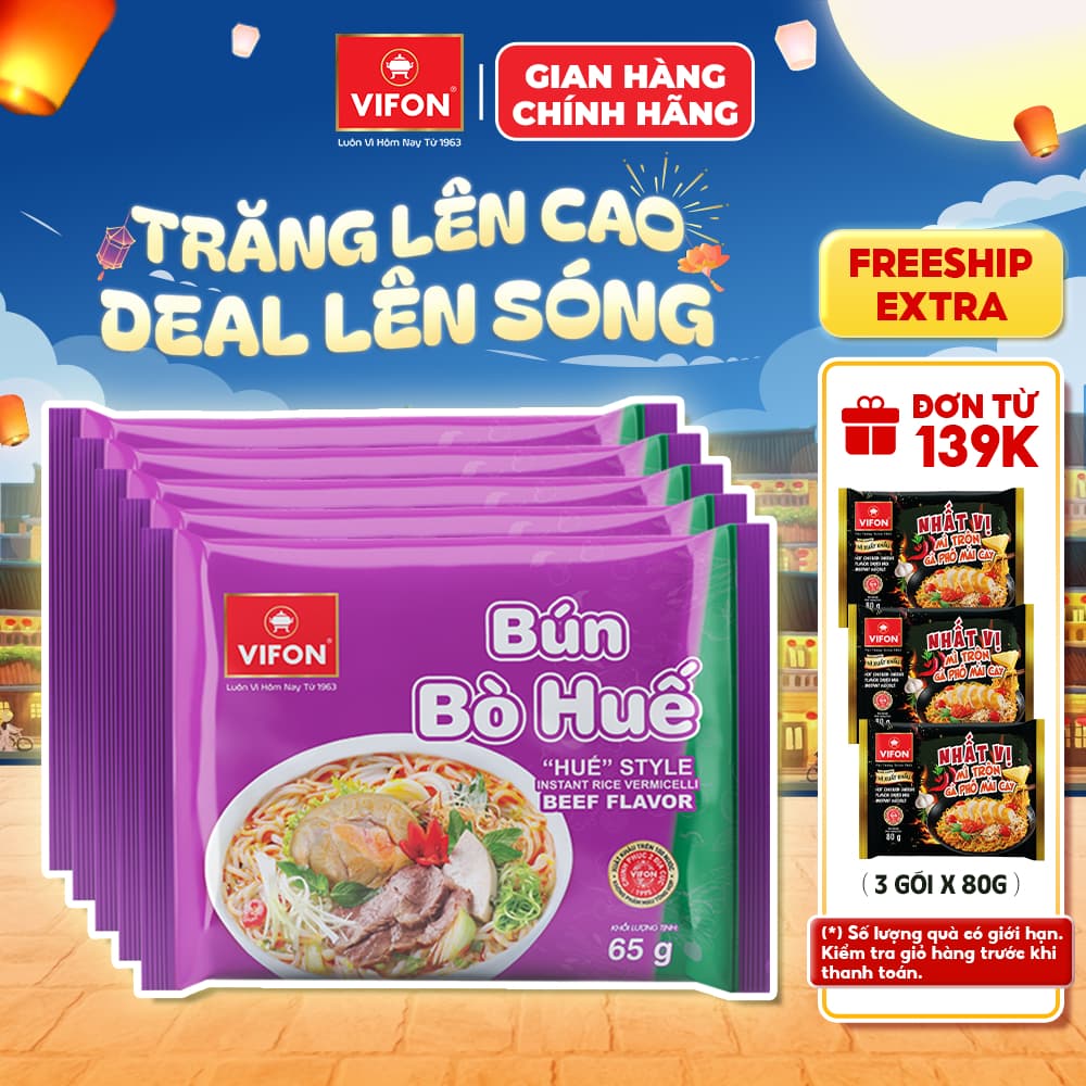 [VOUCHER HOT 10%] Set 5 Gói Bún Bò Huế/Bún Giò Heo/Bún Tôm VIFON - Thơm Ngon Truyền Thống, 65g/Gói