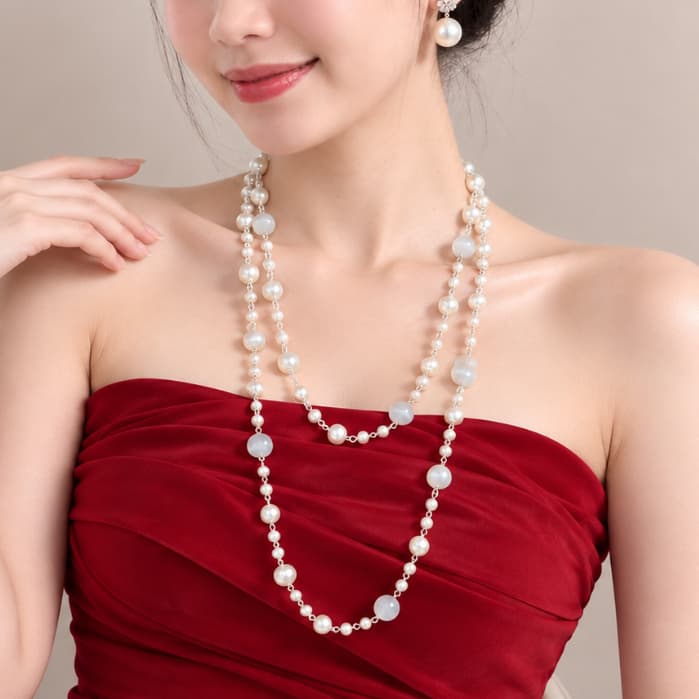 Dây Chuyền Ngọc 2 Tầng Phong Cách Sang Trọng, Thanh Lịch – Phụ Kiện Phối Áo Dài, Váy Đầm, Đi Tiệc