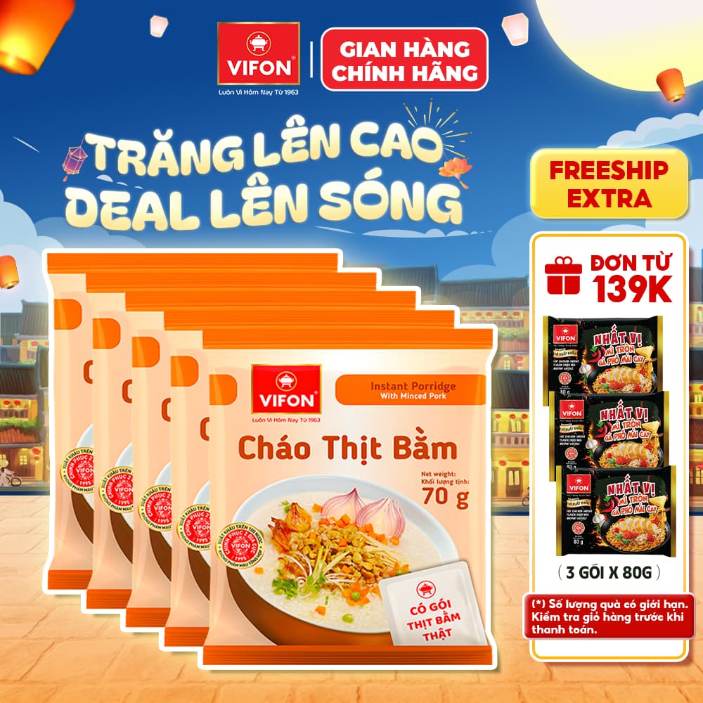 Set 5 Gói Cháo Thịt Gà/Bằm/Cháo Sườn/Nấm Đông Cô/Trứng Muối/Thịt Bò VIFON - Thịt Thật 70g/Gói