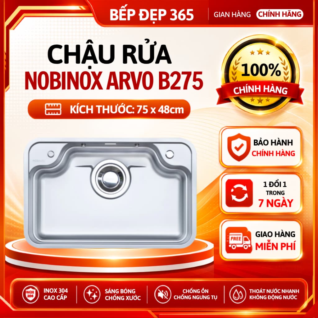 CHẬU RỬA BÁT 1 HỐ NOBINOX ARVO B275 | Kích thước 75x48cm | Hàng chính hãng