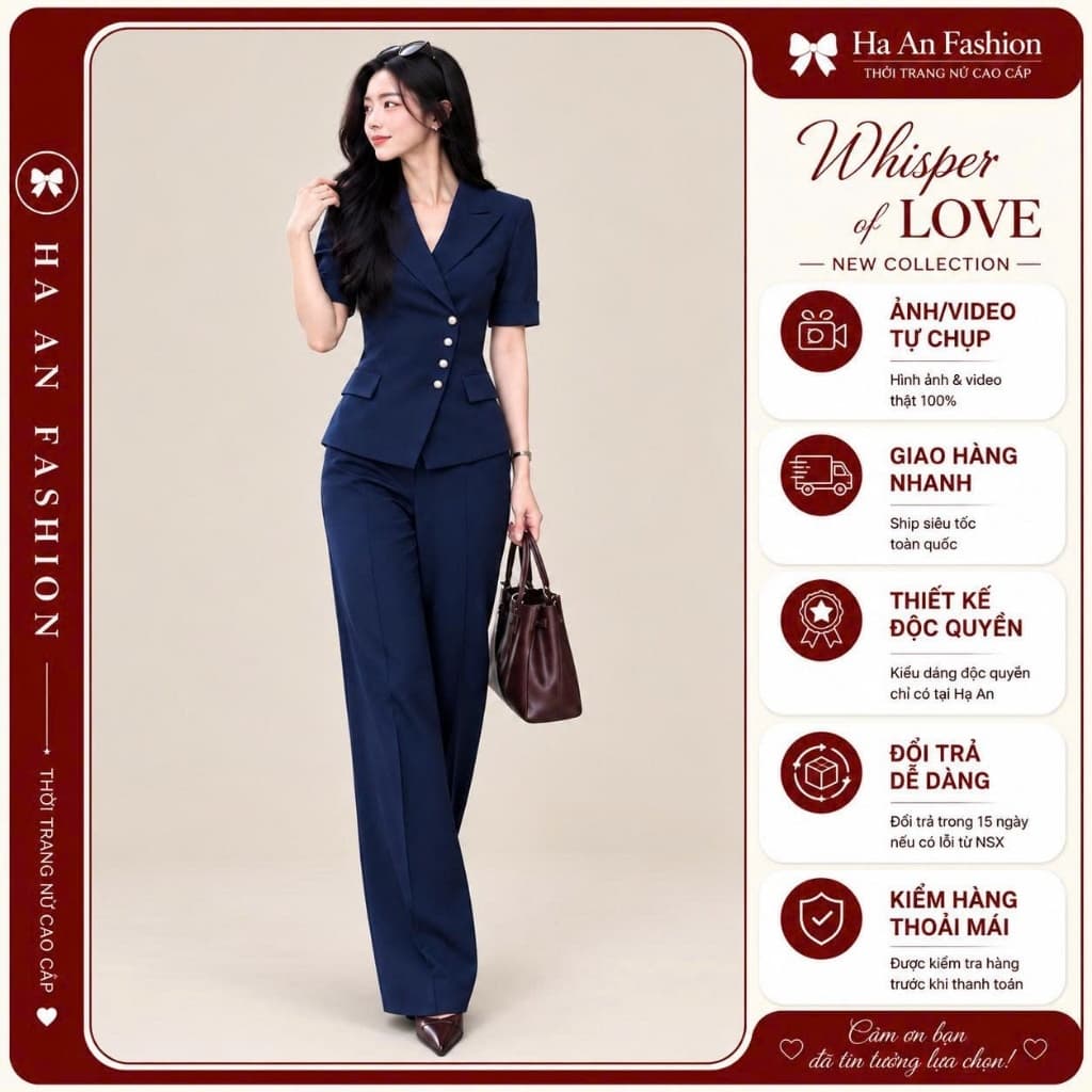 [260712] Set Vest Nữ Công Sở Cao Cấp Áo Vest Tay Ngắn Quần Ống Suông Thanh Lịch Sang Trọng