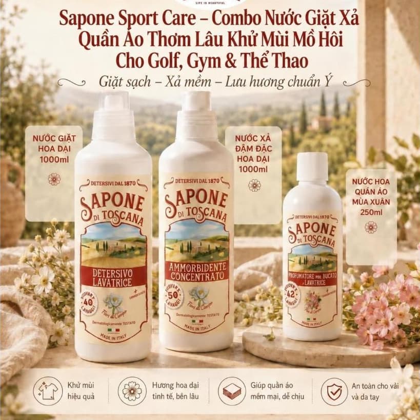 Sapone Sport Care – Combo Nước Giặt Xả Quần Áo Thơm Lâu Khử Mùi Mồ Hôi Cho Golf, Gym & Thể Thao
