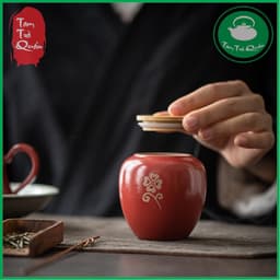 Hũ sứ đựng trà Cảnh Đức men đỏ họa tiết cát tường 2