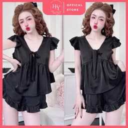 Bộ Đồ Ngủ Nữ HEUN YOUNG Tiểu Thư Tay Cánh Tiên Cột Nơ Đùi Bèo, Lụa Latin Mềm Mịn Freesize 45-63kg 1