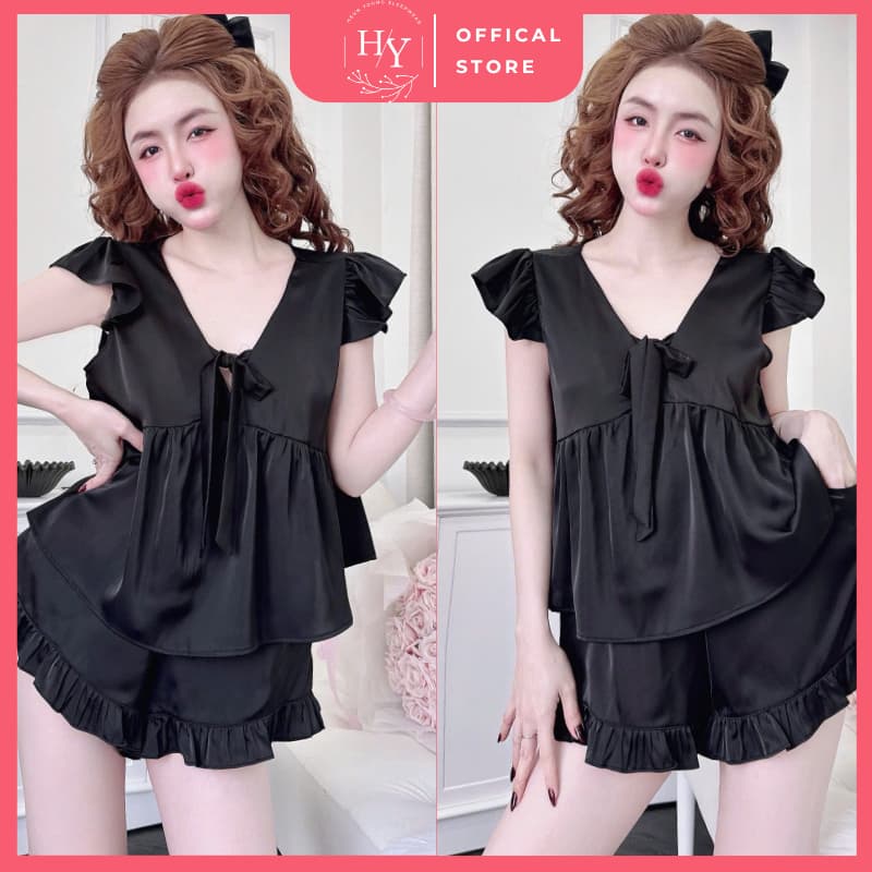Bộ Đồ Ngủ Nữ HEUN YOUNG Tiểu Thư Tay Cánh Tiên Cột Nơ Đùi Bèo, Lụa Latin Mềm Mịn Freesize 45-63kg