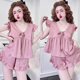 Bộ Đồ Ngủ Nữ HEUN YOUNG Tiểu Thư Tay Cánh Tiên Cột Nơ Đùi Bèo, Lụa Latin Mềm Mịn Freesize 45-63kg 2