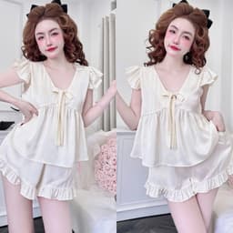 Bộ Đồ Ngủ Nữ HEUN YOUNG Tiểu Thư Tay Cánh Tiên Cột Nơ Đùi Bèo, Lụa Latin Mềm Mịn Freesize 45-63kg 5