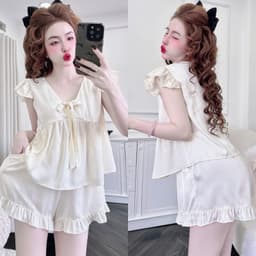 Bộ Đồ Ngủ Nữ HEUN YOUNG Tiểu Thư Tay Cánh Tiên Cột Nơ Đùi Bèo, Lụa Latin Mềm Mịn Freesize 45-63kg 9