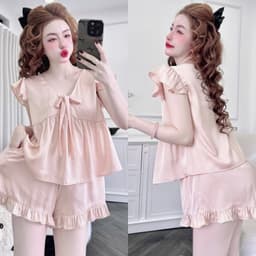 Bộ Đồ Ngủ Nữ HEUN YOUNG Tiểu Thư Tay Cánh Tiên Cột Nơ Đùi Bèo, Lụa Latin Mềm Mịn Freesize 45-63kg 8