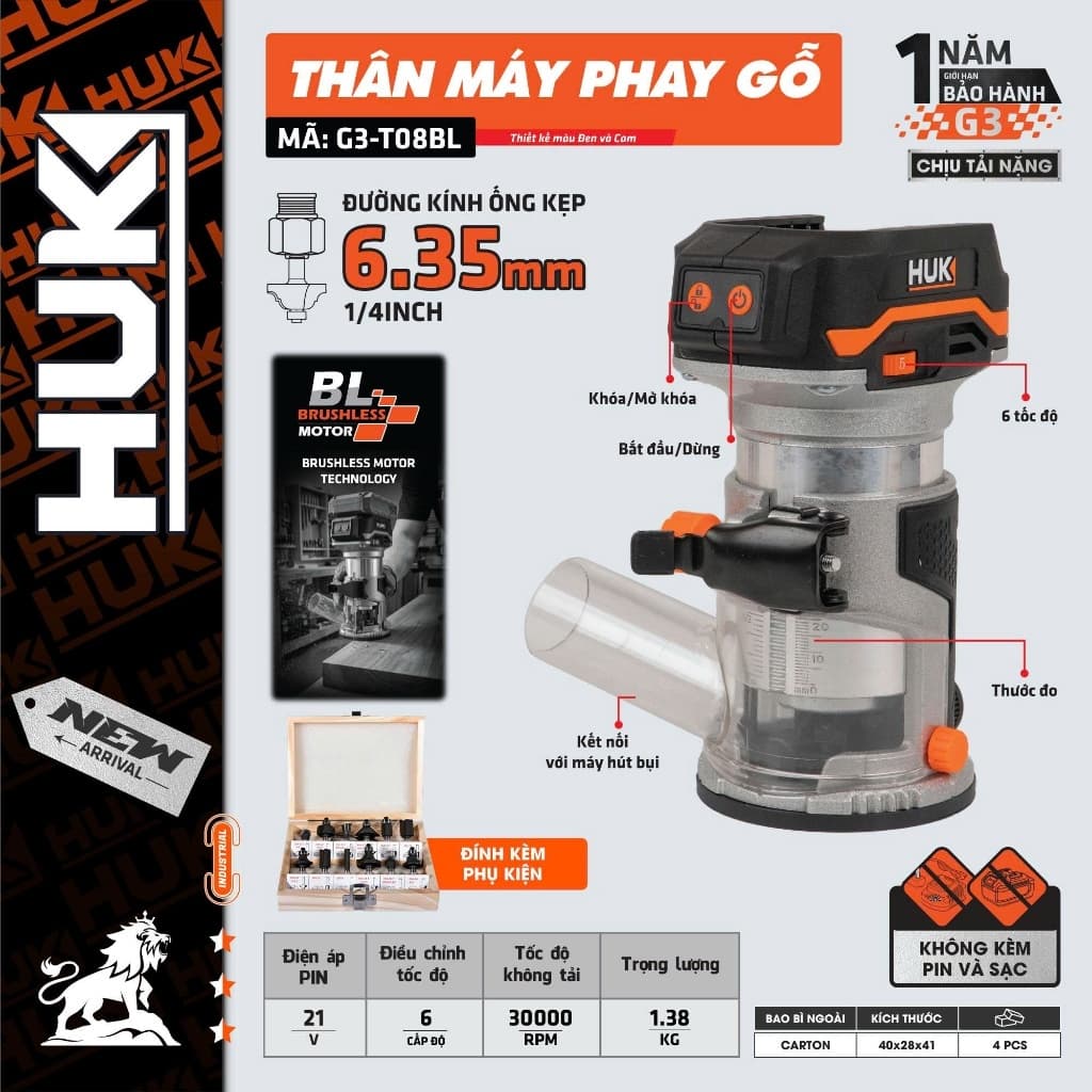 [Tặng Phụ Kiện] Thân máy phay gỗ dùng pin HUKAN G3-T08BL, Chỉnh tốc 6 cấp siêu mạnh 30.000v/p