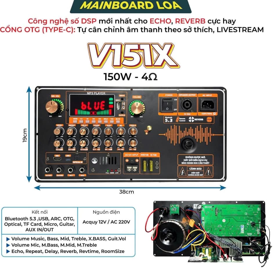 Bo Mạch Loa Kéo Nguồn Xuyến DSP V151X  thế hệ mới hỗ trợ livestream ,Echo delay có Reveb,mẩu mới nhất