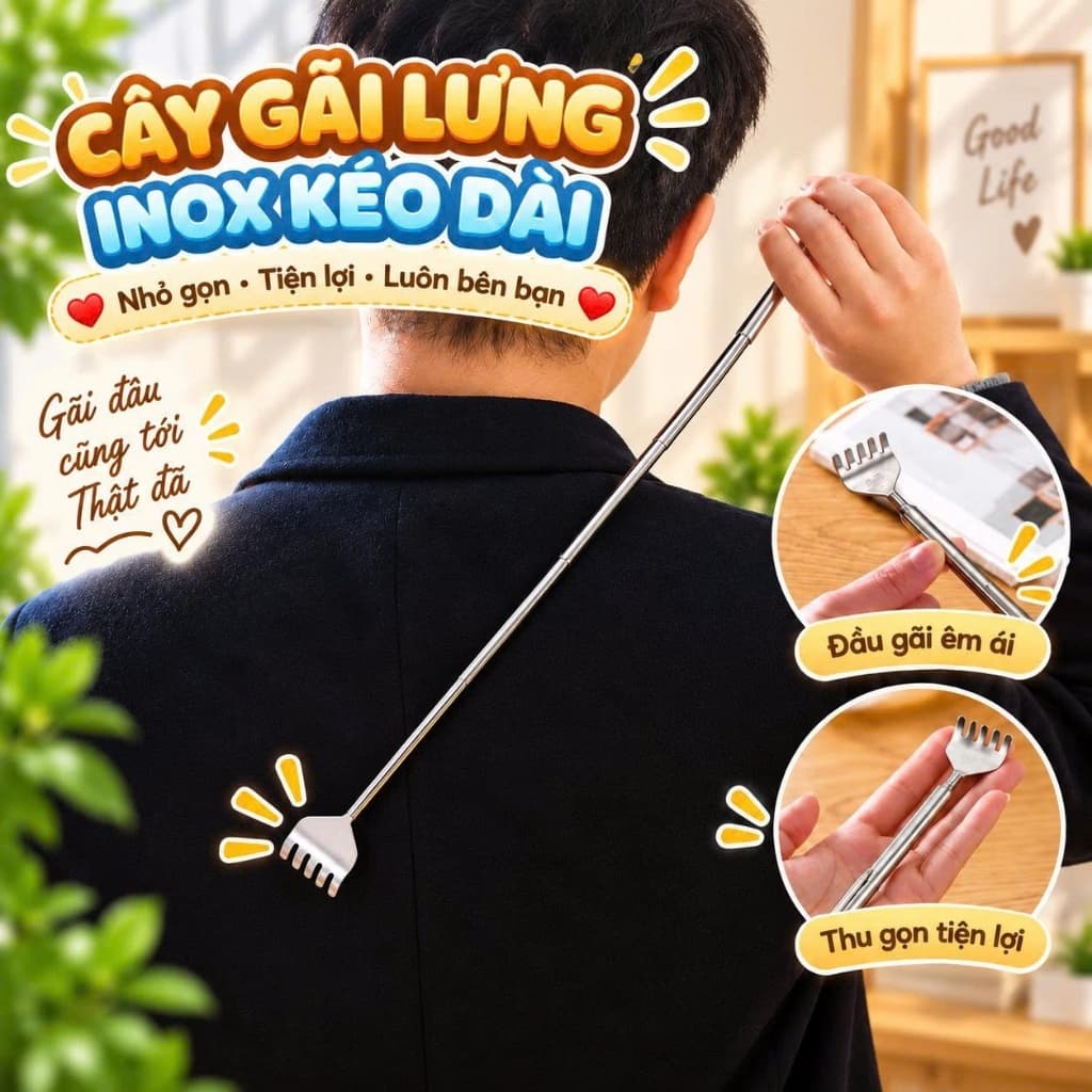 Gậy gãi ngứa lưng inox rút gọn kéo dài nhỏ gọn tiện lợi